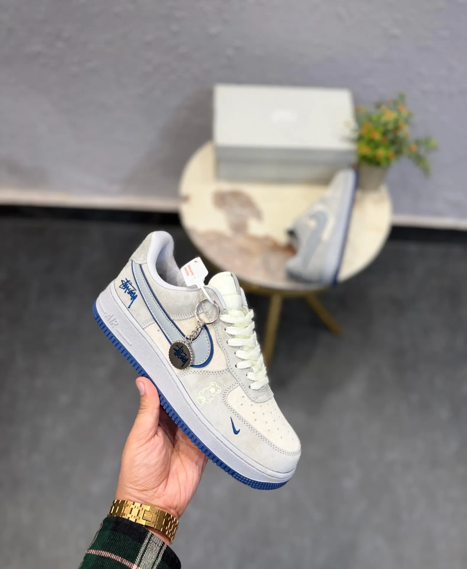 Nike airforce custom x stussy white blue key chain 2025 (40)